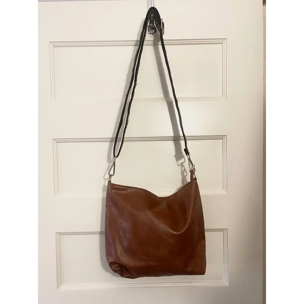 Brown Slouchy Hobo Bag Boho Guitar Strap Crossbody Shoulder Purse Artisan